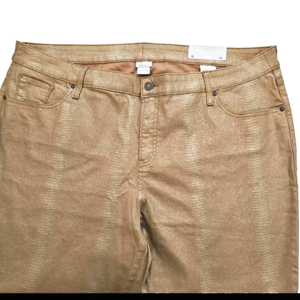 New Chico's Brown Gold Metallic Snake Croc Print Women's Pants Size 4R US 20Rq - Picture 3 of 10